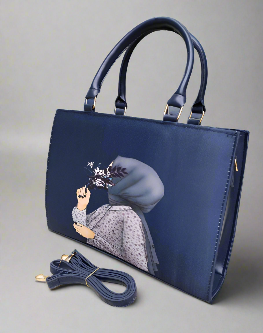 Hijabi Girl-Inspired Tote Bag – Elegant Blue & Red for Modest Fashionistas