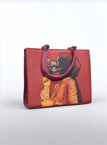 Hijabi Girl-Inspired Tote Bag – Elegant Blue & Red for Modest Fashionistas